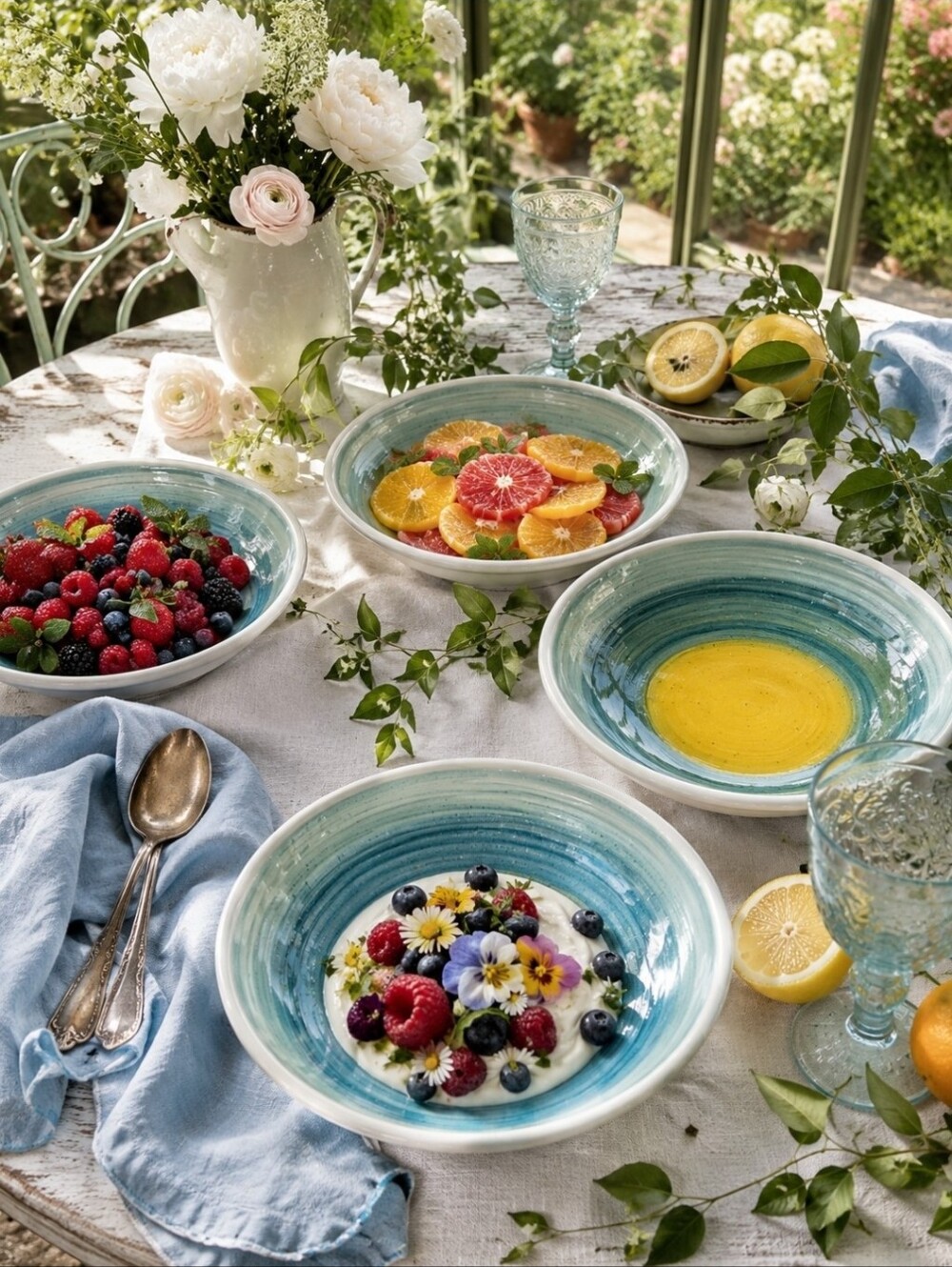 Rare Crate&Barrel Made in Italy Pasta Bowls Set 4 La Primula Aqua Yellow Coastal